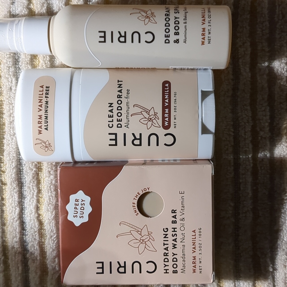 CURIE BUNDLE Warm Vanilla CLEAN DEODORANT, DEODORANT BODY SPRAY, BODY WASH BAR